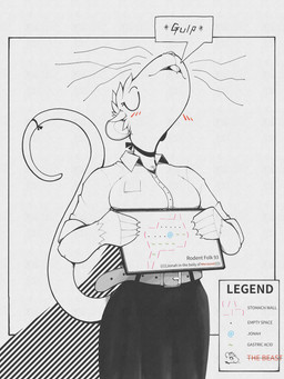anthro belt big_breasts blush bottomwear breasts buckteeth clothed clothing collared_shirt eyes_closed female fur holding_object rat_tail shirt simple_background skirt snout solo standing tail teeth text topwear whiskers gompami mammal mouse murid murine rodent 2026 absurd_res english_text hi_res