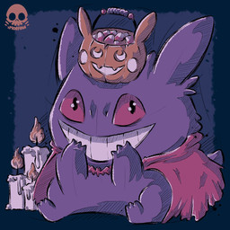 ambiguous_gender candle candy candy_corn cape clothing dessert fingers food fruit holidays not_furry plant pumpkin purple_body red_sclera sitting smile solo xmorfina halloween nintendo pokemon generation_1_pokemon gengar ghost pokemon_(species) spirit 1:1 2020
