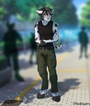andromorph anthro blush bodily_fluids bottomwear cargo_pants clothed clothing embarrassed fur genital_fluids hair intersex looking_at_viewer outside pants public shirt smile solo tail tank_top topwear urine watersports wetting white_body white_fur bluebuppy dognightmare67 iowa_(per0xide) bovid canid canine canis caprine caprine_demon demon goat goat_demon mammal absurd_res digital_media_(artwork) hi_res trans_(lore) trans_man_(lore)