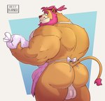 anthro apron apron_only back_muscles backsack balls barazoku beard biceps big_butt big_pecs biped brown_body brown_fur bubble_butt bulge butt clothing eyebrows facial_hair fur genitals hair holding_object male muscular muscular_anthro muscular_male pecs perineum pink_hair pose smile solo standing tail tail_tuft thick_thighs tuft beefburner felid lion mammal pantherine 2023 absurd_res digital_media_(artwork) hi_res pinup