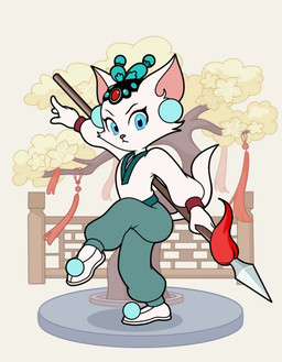 anthro asian_clothing blue_eyes chinese_clothing clothing east_asian_clothing female fur melee_weapon plant polearm solo spear tree weapon white_body white_fur unknown_artist metro-goldwyn-mayer tom_and_jerry tom_and_jerry_chase jade_(tom_and_jerry) felid feline mammal official_art