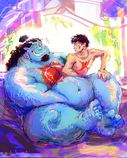 anthro belly black_hair blue_body duo eyes_closed grin hair humanoid_pointy_ears male male/male navel nude overweight pointy_ears scar size_difference smile tusks chuchowriggle one_piece jinbe monkey_d._luffy fish-men_(one_piece) human mammal marine hi_res