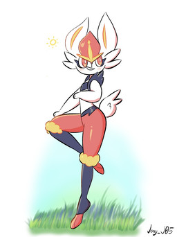 ambiguous_gender anthro black_body black_fur fur grass light_blush multicolored_body multicolored_fur on_model on_one_leg open_mouth outside paws plant rabbit_ears red_body red_fur scut_tail short_tail solo standing sun tail white_body white_fur yellow_body yellow_fur jay_j05 nintendo pokemon cinderace generation_8_pokemon pokemon_(species) hi_res