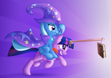 blue_body blue_fur book cape clothed clothing cutie_mark duo female feral fur hair hat headgear headwear horn multicolored_hair purple_body purple_eyes purple_fur purple_hair riding running straddling tongue tongue_out wizard_hat thediscorded friendship_is_magic hasbro my_little_pony mythology trixie_(mlp) twilight_sparkle_(mlp) equid equine mammal mythological_creature mythological_equine unicorn 2013 absurd_res hi_res