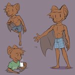 4_fingers 4_toes anthro athletic athletic_anthro athletic_male beverage blue_bottomwear blue_clothing blue_shorts bottomwear brown_body brown_fur brown_hair closed_smile clothed clothing coffee container cup featureless_chest feet fingers fur green_clothing green_shirt green_topwear grey_bottomwear grey_clothing grey_shorts hair happy holding_container holding_cup holding_mug holding_object male membrane_(anatomy) membranous_wings mouth_closed mug navel pattern_bottomwear pattern_clothing pattern_shorts pecs plaid plaid_bottomwear plaid_clothing plaid_shorts print_clothing print_shirt print_topwear shadow shirt shorts shorts_only simple_eyes smile snout solo standing steam toes topless topwear winged_arms wings cosmicboy02 bat mammal 1:1 2022 dated digital_media_(artwork) flat_colors hi_res multiple_images signature