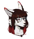 anthro bangs black_nose brown_hair eyewear female fur glasses hair open_mouth simple_background solo teeth white_body white_fur kaitycuddle digital_media_(artwork) signature