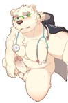 anthro balls belly blue_eyes cigarette cigarette_in_mouth clothing erection eyewear fur genitals glasses jacket male medical_instrument musclegut muscular navel nipples object_in_mouth pecs penis scientific_instrument smoking solo stethoscope topwear white_body white_fur hagom lifewonders tokyo_afterschool_summoners leib_(tas) bear mammal polar_bear ursine hi_res