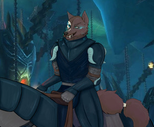anthro armor blue_eyes bottomwear brown_body brown_fur clothed clothing death_knight detailed_background facial_scar fangs fur furgonomics gloves glowing glowing_eyes handwear horn loincloth looking_at_viewer male markings plate_armor scar sitting smile solo tail teeth warrior weapon furrymammy blizzard_entertainment mythology warcraft foximellian_montanna canid canine canis fox mammal mythological_canine mythological_creature undead werecanid werecanine werecanis werecreature werewolf detailed digital_media_(artwork) hi_res