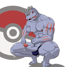 abs anthro athletic balls barefoot biceps big_muscles biped blush bodily_fluids clothing crouching cum cum_on_penis cum_string erection fangs feet genital_fluids genitals glans grey_body grey_skin humanoid_genitalia humanoid_penis leaking looking_at_viewer male markings muscular muscular_anthro muscular_male nipples open_mouth pecs penis pokeball pokeball_background pose presenting red_body red_eyes red_skin scales simple_background solo spread_legs spreading standard_pokeball teeth thong tongue tongue_out underwear vein jb_boy nintendo pokemon generation_1_pokemon humanoid machoke pokemon_(species) 1:1 2015 hi_res