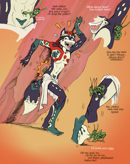 5_toes abs antennae_(anatomy) anthro asking asking_another asking_what biped black_nose cheek_tuft dialogue dipstick_tail duo facial_tuft fangs feet female fur fur_tuft green_body green_fur hair laugh male markings motion_lines multicolored_body multicolored_fur navel open_mouth open_smile red_body red_fur red_hair size_difference smile tail tail_markings teeth text tickle_fetish tickle_talk tickling tickling_armpits tickling_feet tickling_legs tickling_navel tickling_thighs toes tongue tuft white_body white_fur white_tail_tip sketcher92 arthropod canid canine fox grasshopper insect mammal orthopterid 2020 english_text hi_res