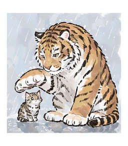 ambiguous_gender black_markings border duo feral fur grey_body grey_fur looking_at_another markings orange_body orange_fur outside paws pink_nose raining sitting size_difference snout striped_body striped_fur striped_markings striped_tail stripes tail tail_markings whiskers white_body white_border white_fur yellow_eyes gentleeeeeeecat domestic_cat felid feline felis mammal pantherine tiger hi_res