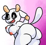 anthro big_butt black_eyes breasts butt eyelashes female hooves horn looking_at_viewer looking_back looking_back_at_viewer nipples open_mouth raised_tail rear_view solo tail thick_thighs white_body white_ears white_tail lewdewott bunny_maloney charlotte_(bm) bovid bovine cattle mammal 2022 digital_drawing_(artwork) digital_media_(artwork) hi_res