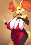 anthro big_breasts breasts clothed clothed_anthro clothed_female clothing container cup digit_ring dress drinking_glass eyelashes female fingers fur glass glass_container glass_cup holding_container holding_cup holding_object huge_breasts inner_ear_fluff jewelry looking_at_viewer multicolored_body multicolored_fur necklace red_clothing red_dress simple_background solo tail thick_thighs tuft wine_glass 3cir_cle nintendo pokemon delphox generation_6_pokemon pokemon_(species) 2025 absurd_res hi_res
