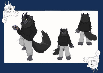 anthro biped black_body black_fur clothed clothed_anthro clothed_male clothing digitigrade electronics front_view fur fur_markings horn male male_anthro markings oversized_clothing phone rear_view solo three-quarter_view anonymous_artist mythology fred_durst kriss_(vutrora) canid canid_demon canine demon dire_wolf hellhound mammal mythological_canine mythological_creature prehistoric_species absurd_res alpha_channel digital_drawing_(artwork) digital_media_(artwork) greyscale hi_res model_sheet monochrome multiple_images spot_color