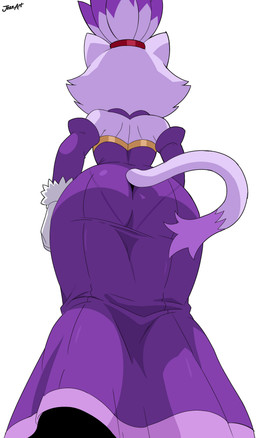anthro big_butt butt clothing dipstick_tail dress female fur hair looking_away low-angle_view markings panty_lines ponytail purple_body purple_clothing purple_dress purple_fur solo tail tail_markings jeanart sega sonic_the_hedgehog_(series) blaze_the_cat domestic_cat felid feline felis mammal absurd_res hi_res signature