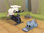 ambiguous_gender anthro biped bodily_fluids duo electronics exercise exercise_bike moss outside plant radio reading solo_focus sweat thick_thighs soarfloh rain_world videocult gourmand_(rain_world) lantern_mouse_(rain_world) slugcat 2d_animation 4:3 animated colored frame_by_frame hi_res sound