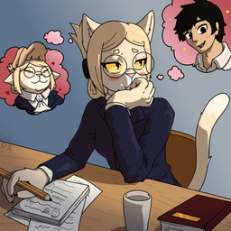 anthro black_eyes blush blush_lines chair desk dipstick_tail eyewear fantasizing female female_focus fur furniture glasses heart_symbol holding_object holding_pencil male markings on_chair pencil_(object) petting sitting sitting_on_chair solo_focus table tail tail_markings tan_body tan_fur thought_bubble yellow_sclera reckfulabandon hitoner hitoshi_kanashima miss_tonerico domestic_cat felid feline felis human mammal 1:1 2026 hi_res