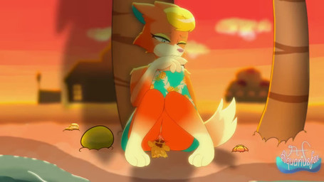 anthro beach bite blonde_hair blush bodily_fluids bottomless butt clothed clothing female female_penetrated fur genital_fluids genitals green_eyes hair improvised_sex_toy knock-kneed orange_body orange_fur outside pattern_clothing penetration self_bite sex sitting solo tail vaginal vaginal_penetration vulva aquariusfox conditional_dnp sound_warning animal_crossing nintendo audie_(animal_crossing) animate_inanimate canid canine canis gyroid mammal wolf 16:9 2d_animation animated digital_media_(artwork) long_playtime sound webm widescreen