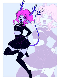 bangs blue_body blue_skin bottomwear clothing crop_top female forked_tongue hair horn legwear not_furry pink_hair shirt skin_fang skirt solo tail thigh_highs tongue tongue_out topwear dreamalgia horned_humanoid humanoid tailed_humanoid 3:4 absurd_res cool_colors hi_res