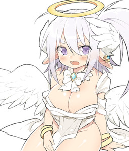 blush clothing ear_piercing ear_ring female halo looking_at_viewer not_furry open_mouth piercing purple_eyes ring_piercing solo mofuaki angel humanoid 2015