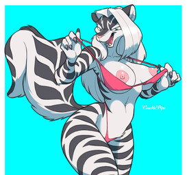 anthro bikini bikini_pull blue_background breasts clothing clothing_pull female hair looking_at_viewer navel nipple_dip nipples open_mouth open_smile pink_nose sharp_teeth simple_background smile solo swimwear swimwear_pull teeth tongue two-piece_swimsuit undressing white_hair crackiepipe zig_zag felid hybrid mammal mephitid pantherine skunk tiger hi_res