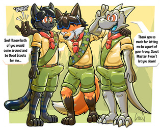 3_toes 4_toes 5_fingers anthro belt black_body blue_body boy_scout brainwashing brown_belt bulge claws clothed clothing dialogue dipstick_tail erection erection_under_clothing feet fingers gesture grey_body hypnosis kerchief latex latex_body latex_clothing male markings mind_control neckerchief neckwear onomatopoeia open_mouth open_smile orange_body outside red_kerchief red_neckerchief ringed_eyes salute sash sharp_teeth simple_background smile snapping sound_effects speech_bubble standing striped_legs striped_markings striped_tail stripes tail tail_markings teeth text toe_claws toes toony white_body soul-silver-dragon mythology fletcher_fox jingles_mayweather soul-silver-dragon_(character) canid canine domestic_cat dragon felid feline felis fox mammal mythological_creature mythological_scalie scalie 2025 digital_media_(artwork) english_text hi_res