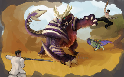 claws clothed clothed_human clothed_male clothing feral fully_clothed fully_clothed_human fully_clothed_male group hair holding_object holding_weapon jumping light male melee_weapon scales sword tattoo trio weapon echros capcom monster_hunter sega yakuza_(series) goro_majima kazuma_kiryu bird_wyvern fanged_wyvern human magnamalo mammal seikret 16:10 2025 absurd_res colored crossover digital_media_(artwork) english_description hi_res lighting widescreen