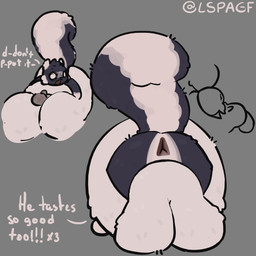 69_position anthro anus balls balls_in_mouth darkened_balls darkened_genitalia darkened_penis dialogue duo fellatio fluffy fluffy_tail genitals grey_background holding_another holding_butt holding_in_place lying male male/male multicolored_body on_front on_top_of_another on_top_of_belly oral penile penis sex simple_background tail two_tone_body lspagf big_fat_stinky_unwashed_sweaty_bunny_(lspagf) skunk_(lspagf) lagomorph leporid mammal mephitid rabbit skunk 1:1 absurd_res hi_res