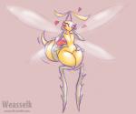 anthro blush eyelashes eyes_closed female heart_symbol multi_arm multi_limb solo stinger text thick_thighs wide_hips wings weasselk little_witch_academia studio_trigger arthropod bee cupid_bee hymenopteran insect url