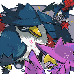 ambiguous_gender blue_body blue_feathers blush feathers female feral group heart_symbol pseudo_clothing purple_body purple_feathers red_body red_eyes red_feathers simple_background white_background white_body white_feathers 井 nintendo pokemon avian bird corvid generation_2_pokemon generation_4_pokemon honchkrow murkrow oscine passerine pokemon_(species) shiny_pokemon 1:1