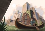 anthro backpack canoe city detailed_background female looking_aside outside rowing ruins solo vehicle water watercraft cira_nova canid canine fox mammal 2020 digital_media_(artwork) digital_painting_(artwork) hi_res