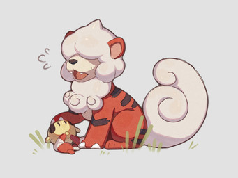 ambiguous_gender bodily_fluids claws duo fangs feral grass hair markings obscured_eyes open_mouth paws plant red_body simple_background sitting size_difference striped_markings stripes sweat sweatdrop tail teeth tongue white_hair lanjiujiu nintendo pokemon animate_inanimate canid canine chingling generation_4_pokemon generation_8_pokemon hisuian_form hisuian_growlithe living_bell mammal pokemon_(species) regional_form_(pokemon) 2021 4:3 hi_res