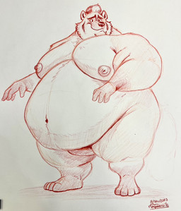 4_toes 5_fingers anthro areola beard belly belly_overhang big_belly big_moobs biped eyebrows facial_hair facial_markings fat_arms featureless_crotch feet fingers fur fur_markings hair head_markings humanoid_hands looking_aside male male_anthro markings moobs mouth_closed multicolored_hair navel nipples nude nude_anthro nude_male obese obese_anthro obese_male overweight overweight_anthro overweight_male plantigrade simple_background solo standing toes uniparasite sebastien_grainger american_badger badger mammal mustelid musteline 2023 dated full-length_portrait monochrome portrait red_and_white shaded signature sketch traditional_media_(artwork)
