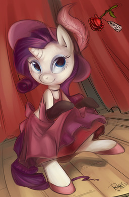 blue_eyes burlesque clothing curtains detailed_background female flower hair handwear hat headgear headwear horn long_hair mittens plant purple_hair rose_(flower) short_hair solo stage toony briskby friendship_is_magic hasbro my_little_pony mythology rarity_(mlp) equid equine mammal mythological_creature mythological_equine unicorn hi_res