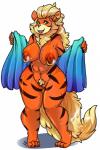 anthro athletic athletic_female big_breasts big_nipples breasts ear_piercing exposing female genitals green_eyes nipple_piercing nipples orange_nipples piercing pubes pussy solo tail thick_tail thick_thighs towel tuft wet wide_hips tiki_san nintendo pokemon felicia_embermane arcanine canid felid generation_1_pokemon mammal pokemon_(species) hi_res