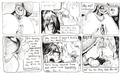 anal anal_penetration anal_tugging andromorph andromorph/male anthro anus ball_slap balls balls_deep black_hair bodily_fluids cum cum_expulsion cum_from_vagina cum_in_vagina cum_inside dialogue dirty_talk doggystyle dominant dominant_male duo finger_in_mouth from_behind_position genital_fluids genitals hair intersex intersex/male male orifice_tugging paws penetration penis sex slap speech_bubble submissive submissive_andromorph submissive_intersex text vulva white_hair conditional_dnp sumiaou mythology errai_(character) sketch_(sumiaou) domestic_cat dragon felid feline felis latex_creature mammal mythological_creature mythological_scalie scalie comic english_text hi_res traditional_media_(artwork)