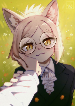 ambiguous_gender anthro anthro_focus caressing_face clothed clothed_female clothing cravat disembodied_hand duo eyewear female female/ambiguous female_anthro female_focus first_person_view fully_clothed fully_clothed_female fur glasses hair human_pov inner_ear_fluff round_glasses smile suit tuft whiskers white_body white_fur yellow_eyes lalinowl hitoner miss_tonerico domestic_cat felid feline felis human mammal hi_res