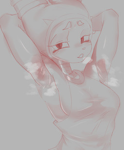 anthro armpit_fetish breasts clothed clothing eyelashes female front_view grey_background hands_behind_head headgear headwear looking_at_viewer musk side_boob simple_background solo jojolasanha nine_sols red_candle_games nuwa_(nine_sols) felid feline mammal solarian