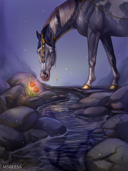 ambiguous_feral ambiguous_gender black_hair black_mane blue_eyes dusk fantasy feral flower fur fur_markings glowing grey_body grey_fur hair head_markings hooves horn jewelry magic mane markings markings_on_body multicolored_body multicolored_fur multicolored_mane night plant pupils quadruped river rock solo tail text unguligrade water white_hair white_markings beesa mythology equid equine mammal mythological_creature mythological_equine unicorn 2026 3:4 artist_name digital_media_(artwork) digital_painting_(artwork) half-length_portrait hi_res painting_(artwork) portrait signature