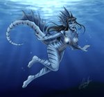 blue_body blue_eyes blue_skin breasts bubble female fin genitals hair looking_at_viewer nipples nude plantigrade solo stripes underwater water growingdragon mythology animal_humanoid humanoid marine marine_humanoid mythological_creature undine