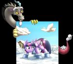 breaking_the_fourth_wall duo feathered_wings feathers female feral hiding horn humor male simple_background snow snowball snowball_fight transparent_background wings otakuap friendship_is_magic hasbro my_little_pony mythology discord_(mlp) twilight_sparkle_(mlp) chimera draconequus equid equine mammal mythological_creature mythological_equine unicorn winged_unicorn 2016 absurd_res alpha_channel digital_media_(artwork) hi_res