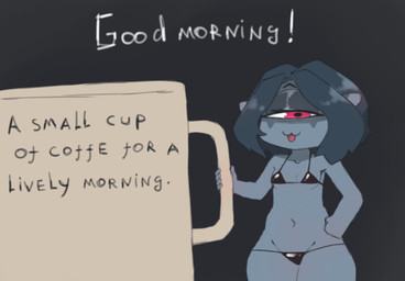 1_eye anthro bikini blue_hair breasts clothing coffee_cup container cup female grey_body grey_skin hair navel pointy_ears red_eyes small_breasts solo swimwear text tongue tongue_out two-piece_swimsuit wide_hips fluffydevoid ner'yasha cyclops english_text
