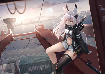 city cityscape clothing cloud detailed_background female hair jacket legwear melee_weapon navel outside scarf sitting solo star stockings sunset sword topwear water weapon white_hair yellow_eyes mirufuaa animal_humanoid canid canid_humanoid humanoid mammal mammal_humanoid 2020 hi_res