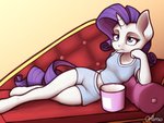 anthro bottomwear chair clothing dessert fainting_couch female food furniture hooves horn ice_cream midriff pillow shirt shorts solo spoon_in_mouth topwear ohemo friendship_is_magic hasbro my_little_pony mythology rarity_(mlp) equid equine mammal mythological_creature mythological_equine unicorn 4:3 hi_res