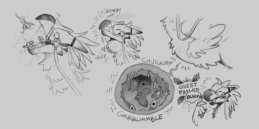 ambiguous_gender bodily_fluids burping digestion drooling feral feral_pred food_in_stomach game_over gameplay_mechanics human_prey implied_fatal micro micro_prey oral_vore saliva size_difference smaller_human user_interface vore stalvelle capcom monster_hunter avian bird_wyvern human lizard mammal reptile scalie seikret 2:1 hi_res monochrome