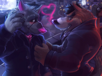 accessory anthro anthro_on_anthro binoculars black_hair black_nose blush brown_body brown_eyes brown_fur city claws clothing dark detailed_background duo eyes_closed full_moon fur grey_body grey_fur grey_hair hair hand_on_arm hand_on_face heart_symbol looking_at_viewer male moon necktie nervous night open_mouth outside paws pink_nose shirt side_view suit teeth tongue tongue_out topwear town komboochie waffle_(ashwaffles) canid canine canis mammal wolf 4:3