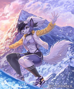 anthro biped bottomwear breasts clothed clothed_anthro clothed_female clothing countershade_torso countershading ear_piercing female fingers footwear front_view fully_clothed fully_clothed_anthro fully_clothed_female fur hair navel outside piercing shoes smile snowboarding socks solo standing tail teeth topwear winter imanika nintendo pokemon generation_7_pokemon lycanroc pokemon_(species) 2026 digital_drawing_(artwork) digital_media_(artwork)