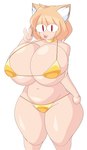 big_breasts bikini blonde_hair breasts choker clothing collar female gesture gold_bikini gold_clothing hair hand_gesture huge_breasts hyper hyper_breasts inner_ear_fluff jewelry looking_at_viewer navel necklace red_eyes simple_face smile solo swimwear thick_thighs tongue tongue_out tuft two-piece_swimsuit v_sign white_body white_skin wide_hips cytrusawa tsukihime type-moon neco-arc animal_humanoid cat_humanoid felid felid_humanoid feline feline_humanoid humanoid mammal mammal_humanoid absurd_res hi_res