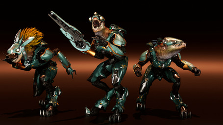 3_fingers anthro armor blade blue_quills breasts carbine codpiece cuirass digitigrade eyewear feathered_headdress female fingers fist full_armor goggles gradient_background group gun headdress headgear helmet holding_gun holding_object holding_ranged_weapon holding_weapon male melee_weapon non-mammal_breasts quill_hair ranged_weapon scales sharp_teeth simple_background standing tan_body tan_scales teeth trio weapon white_eyes wrist_blade silent_sfm halo_(series) microsoft xbox_game_studios alien ibie'shan kig-yar scalie 16:9 3d_(artwork) colored digital_media_(artwork) hi_res widescreen