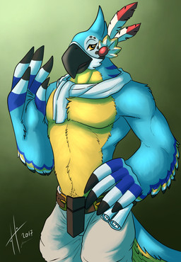 anthro beak blue_body bottomwear clothed clothing glistening glistening_eyes hand_on_hip head_tuft looking_at_viewer male male_anthro mouth_closed muscular muscular_anthro muscular_male orange_eyes pants scarf simple_background solo standing topless tuft white_bottomwear white_clothing white_pants white_scarf yellow_body hufnaar breath_of_the_wild nintendo the_legend_of_zelda kass_(tloz) 2017 dated portrait signature three-quarter_portrait